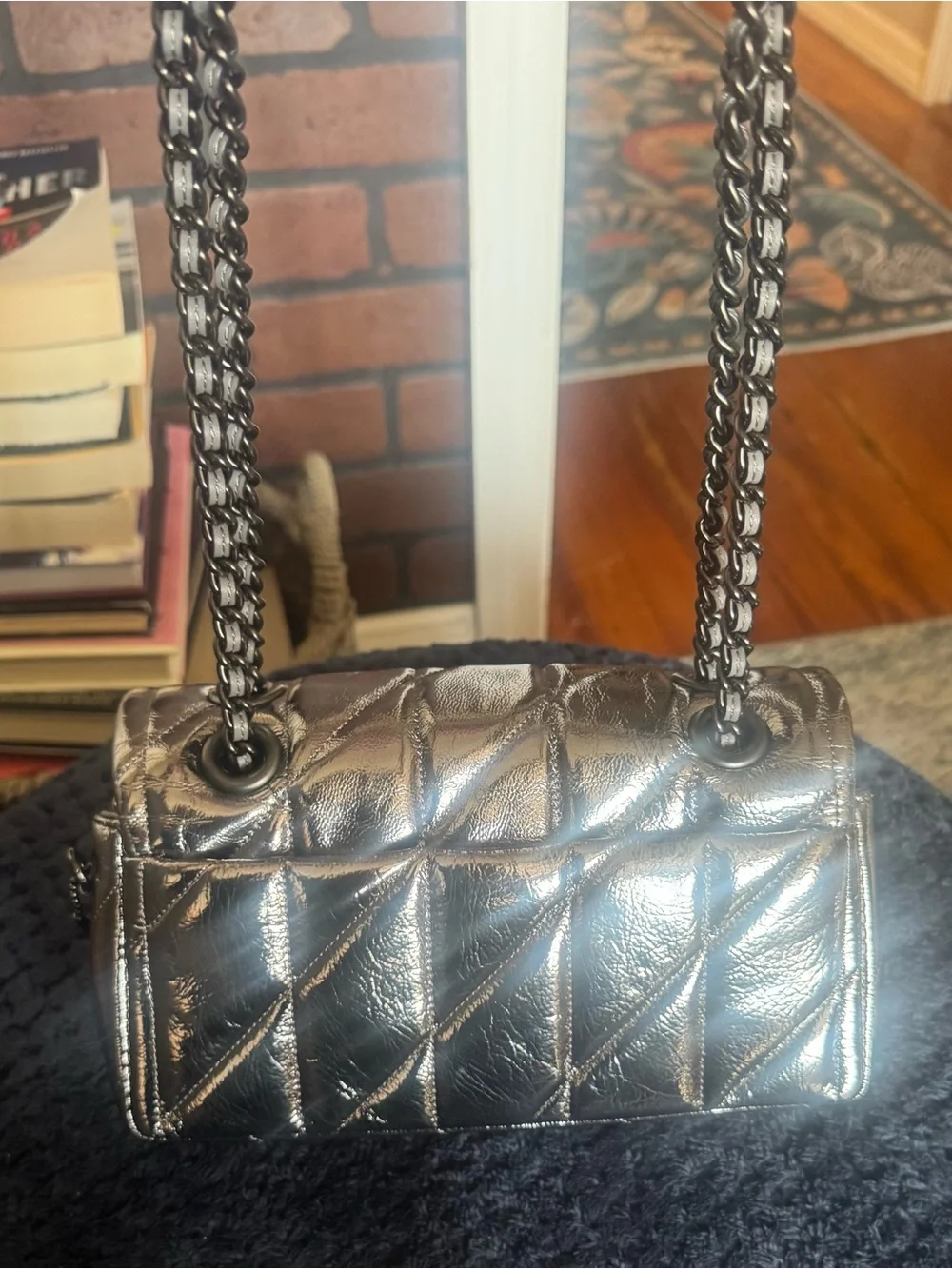 Coach Quilted Metallic Silver Shoulder Bag with Chain Strap